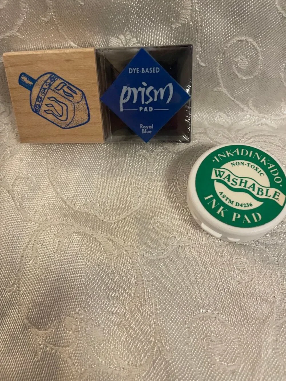 1996 Rubber Stampede Dreidel Stamp with Wood Top and Royal Blue Prism Ink Pad